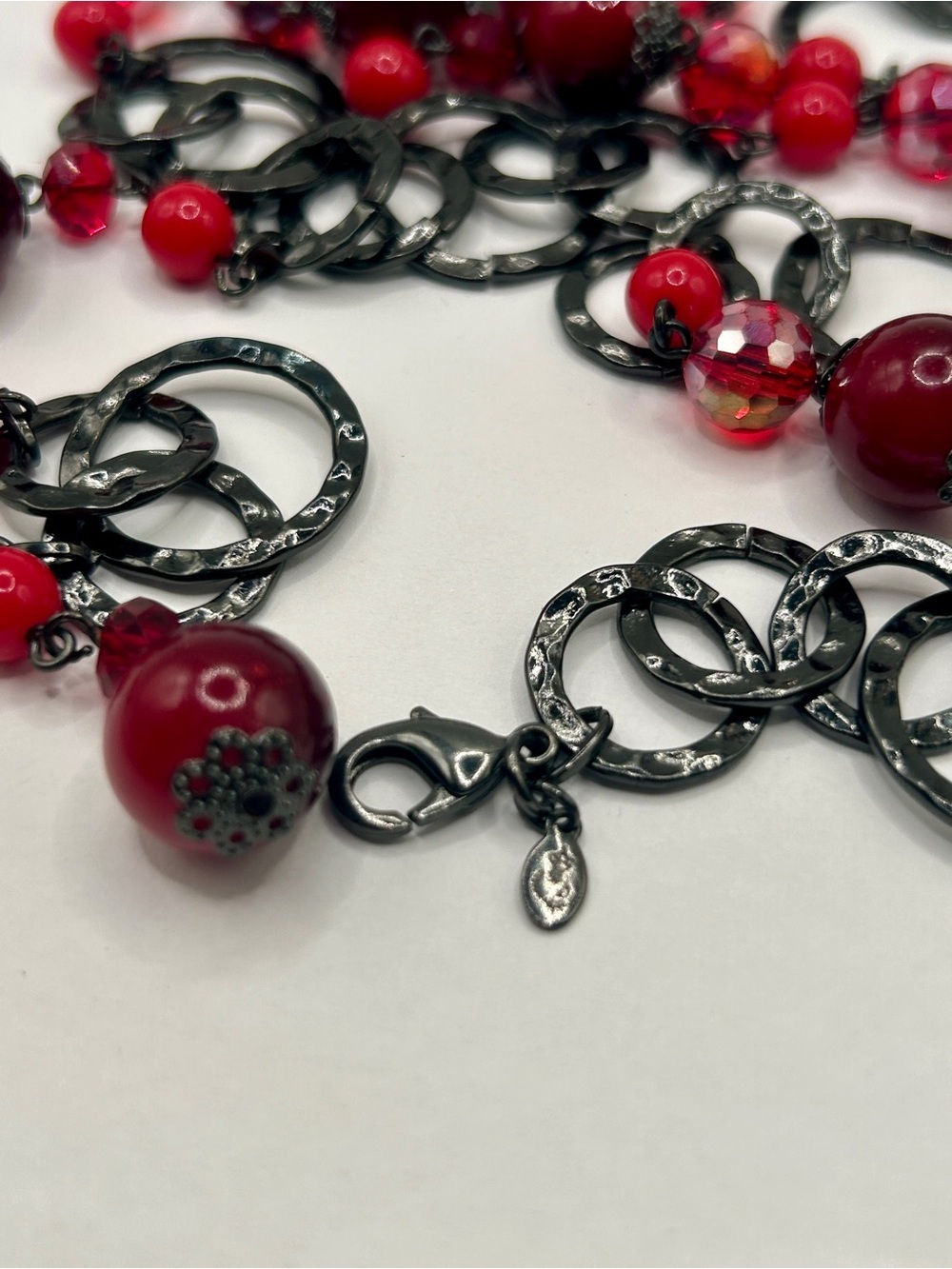 Red Beaded Long Necklace with Textured Rings​ - Picture 7 of 12